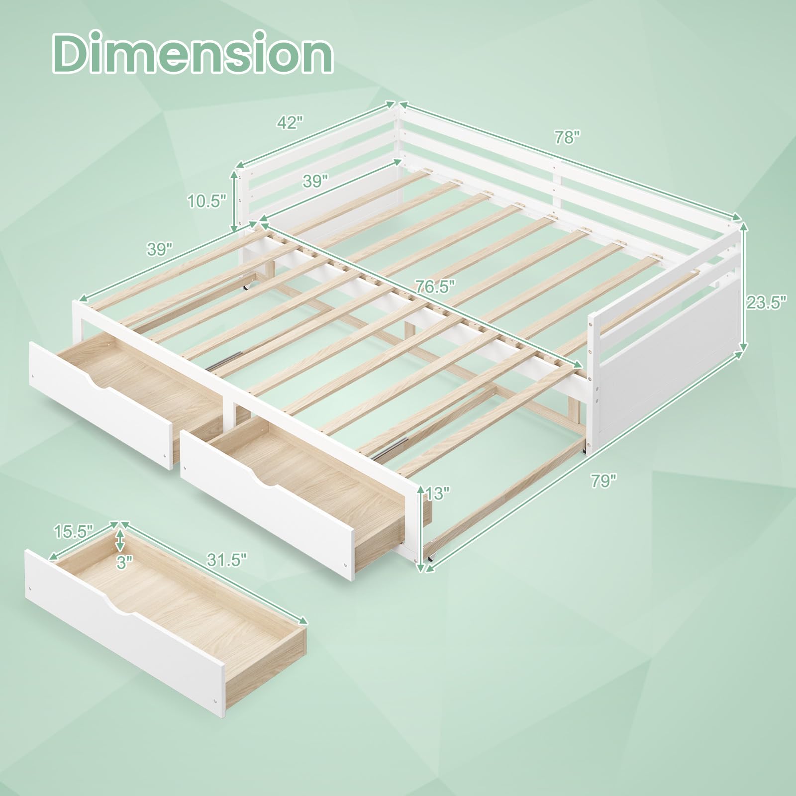 KOMFOTT Wood Daybed with Trundle, Extendable Twin to King Daybed Frame with 2 Storage Drawers