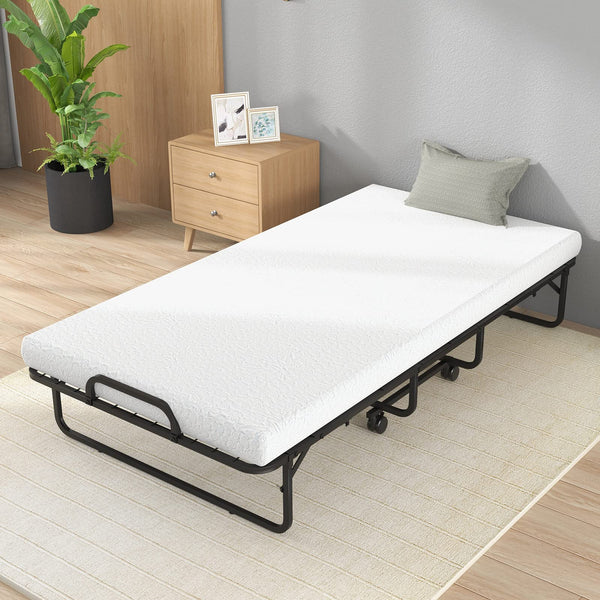 KOMFOTT Folding Rollaway Bed with 4" Mattress, Twin Size Portable Bed with Rolling Casters