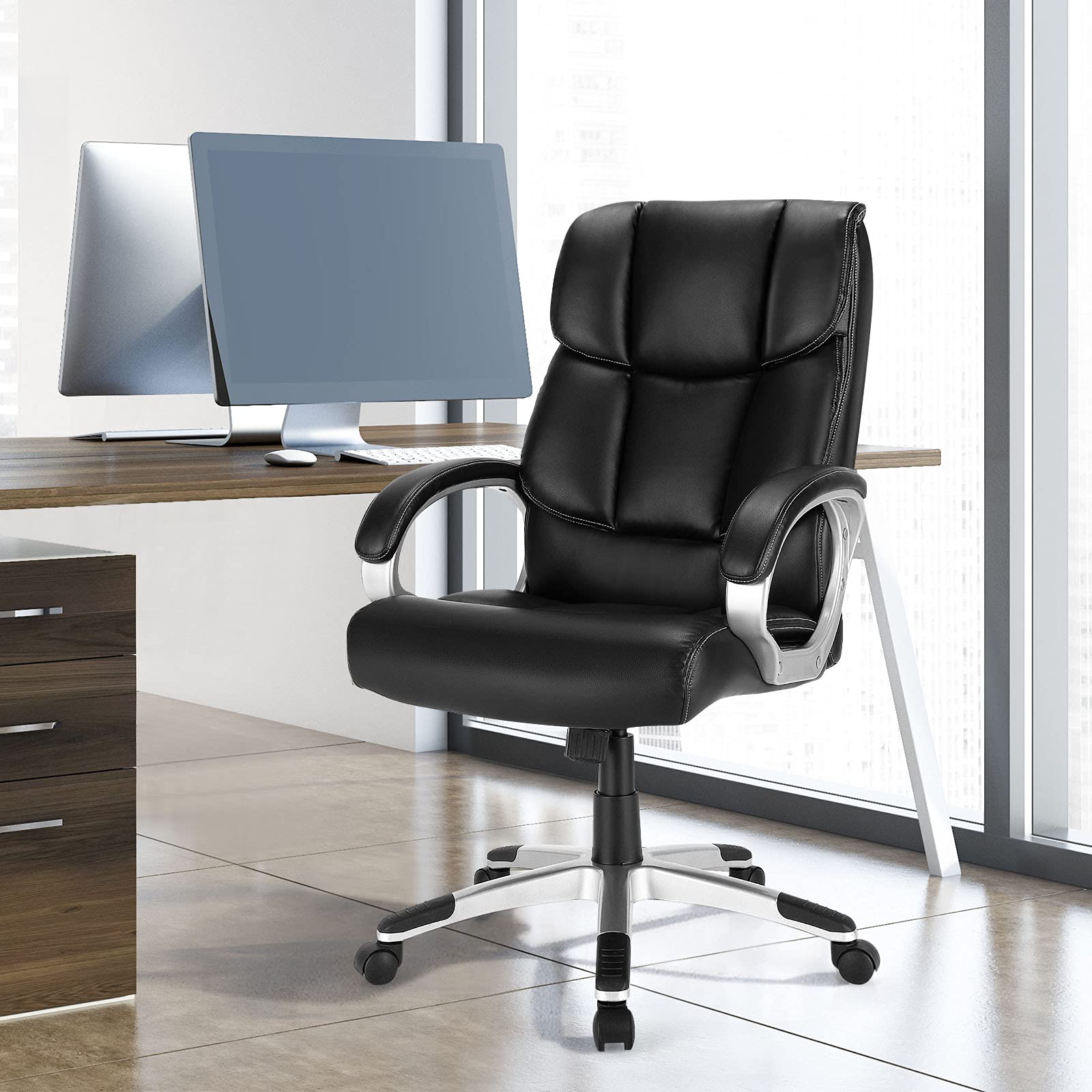 KOMFOTT Executive Office Chair, Leather High Back Managerial Chair, Big and Tall Desk Chair with Soft Padded Armrest