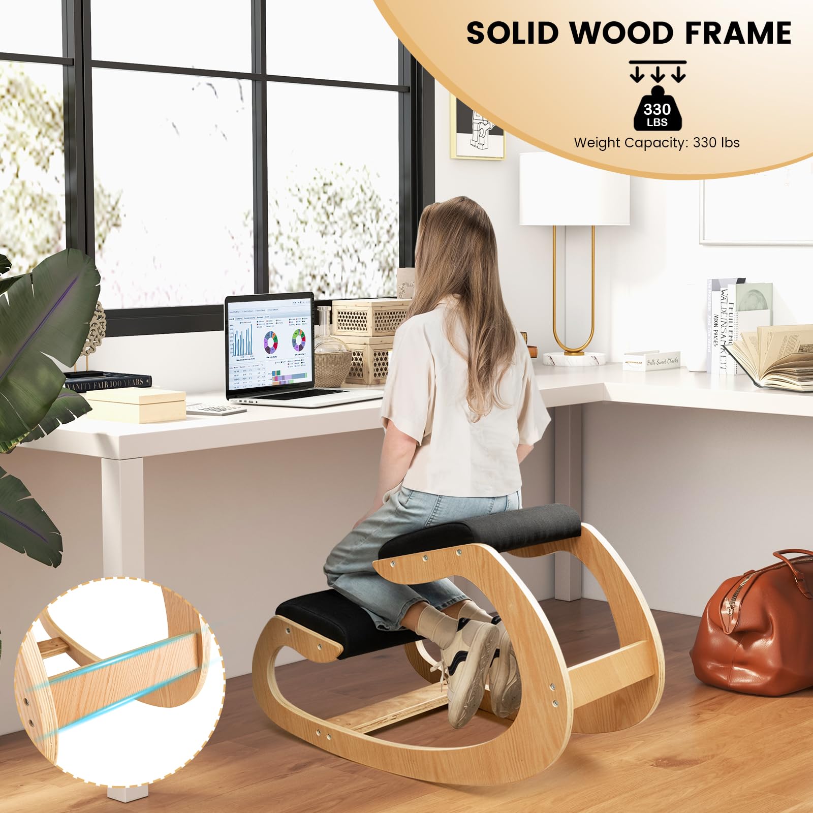 KOMFOTT Ergonomic Kneeling Chair, Posture Chair for Desk with Cushion, Solid Wood Frame