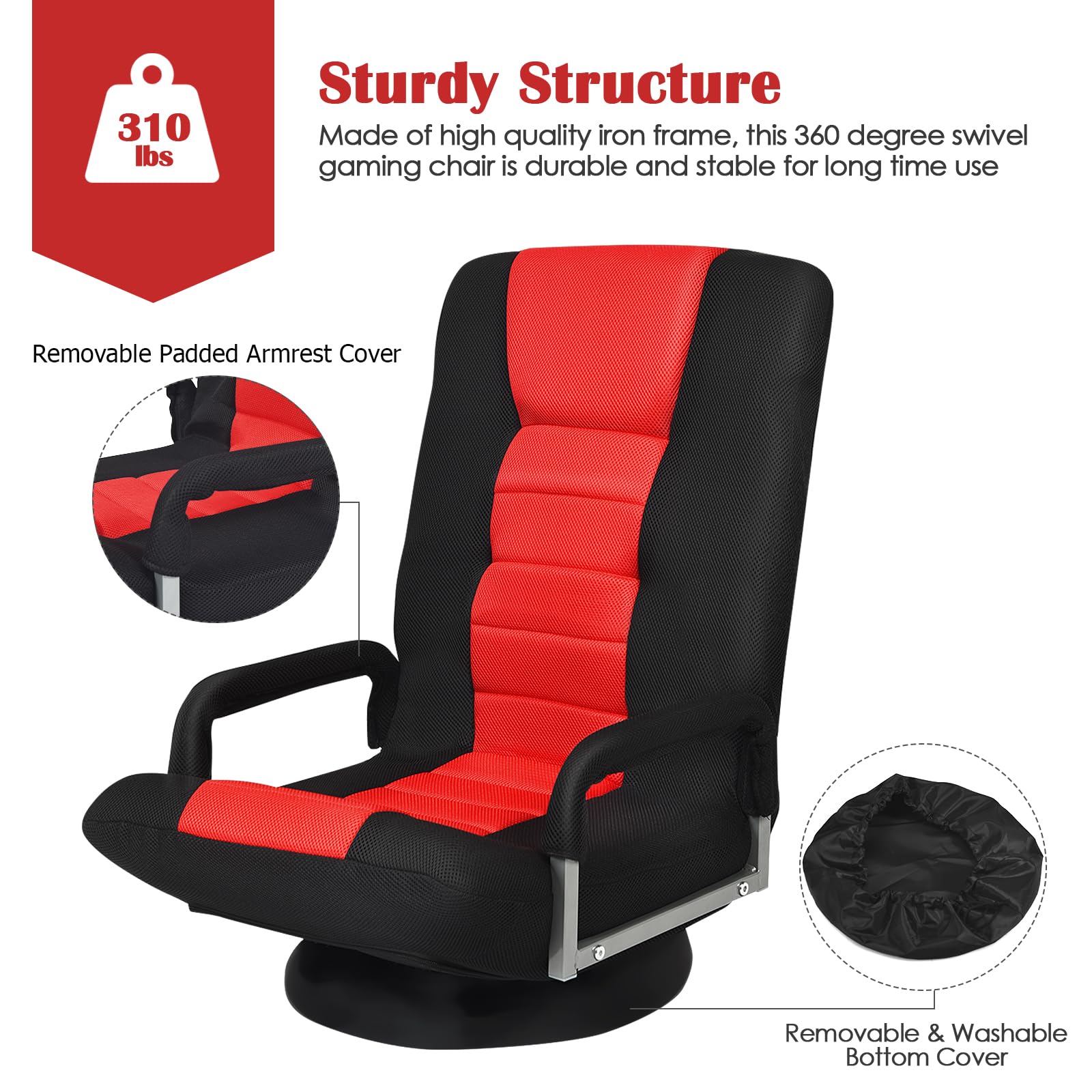 KOMFOTT 360-Degree Foldable Swivel Gaming Floor Chair With 6 Adjustable Position, Armrests, Padded Backrest