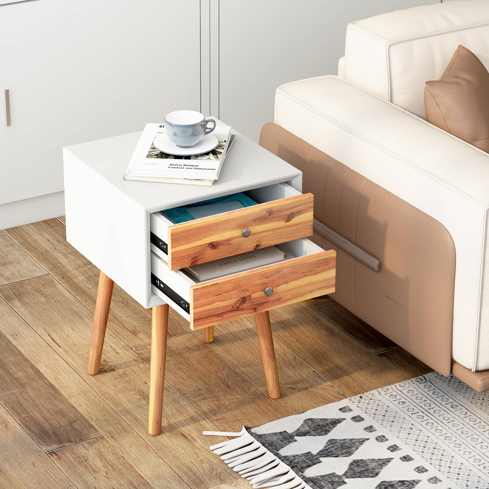 KOMFOTT 2-Drawer Nightstand, Mid-Century Modern Bed Side Table with Storage