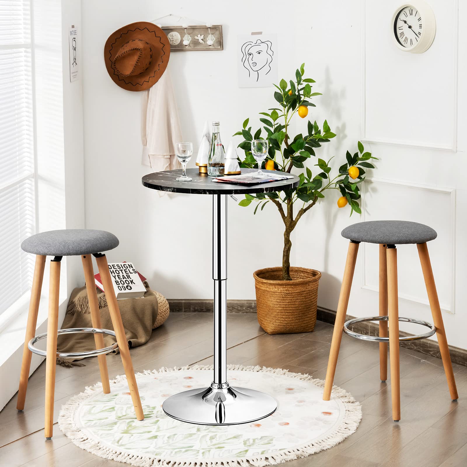 KOMFOTT Round Pub Table Height Adjustable, 360° Swivel Cocktail Pub Table with Sliver Leg and Base