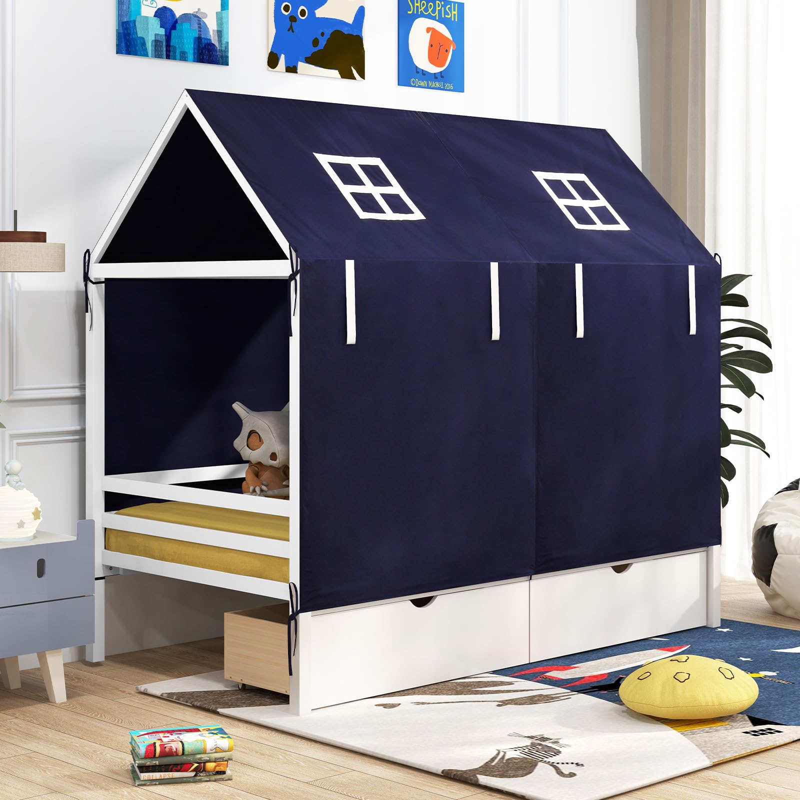 KOMFOTT Twin House Bed with Tent, Wood Kids Bed with 2 Storage Drawers, Solid Wood Daybed Frame with Rails and Roof