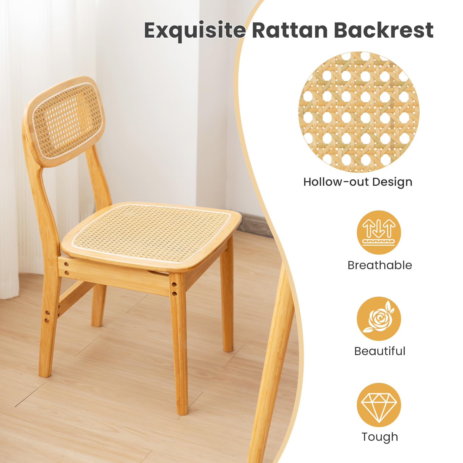 KOMFOTT Rattan Dining Chairs Set of 2/4, Bamboo Armless Dining Room Chairs