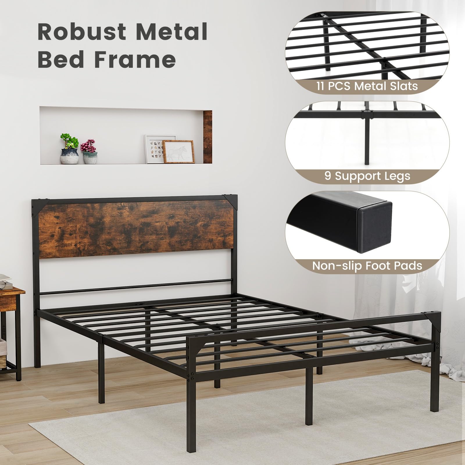 KOMFOTT Full/ Queen Size Metal Bed Frame with Wood Headboard