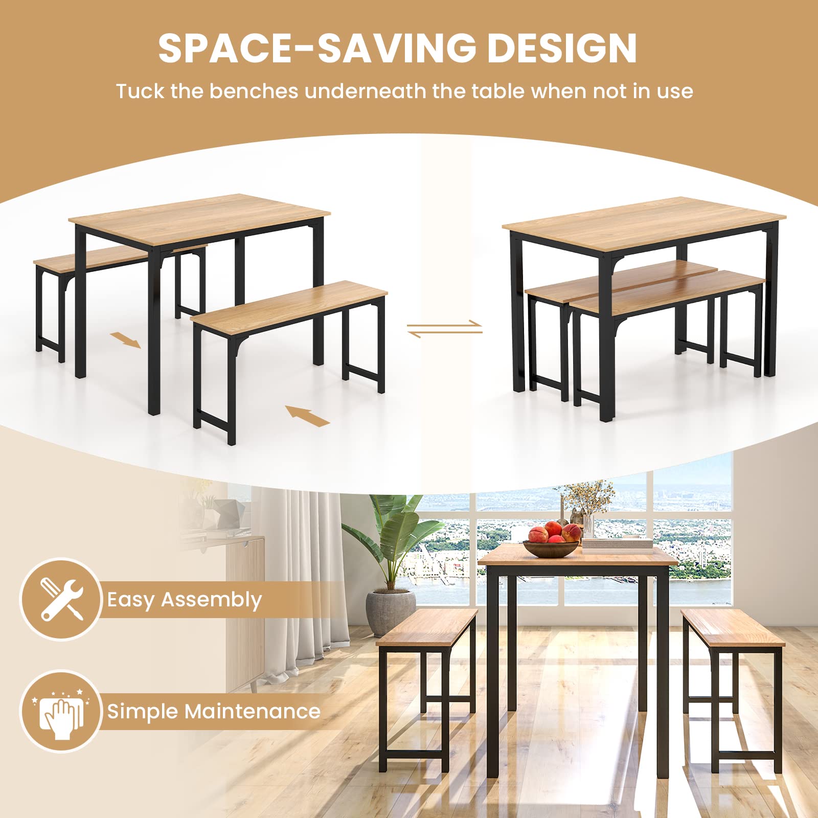 KOMFOTT Dining Table Set with 2 Benches, Industrial Kitchen Table & Chairs with Metal Frame