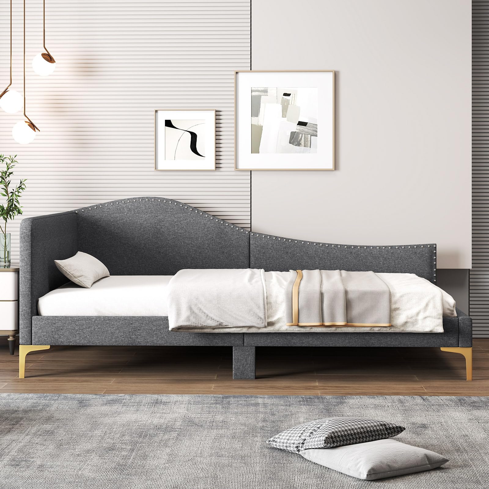 KOMFOTT Rivet-Tufted Platform Bed Frame with Headboard, Metal Legs & Wood Slats, L-Shaped Corner Sofa Bed