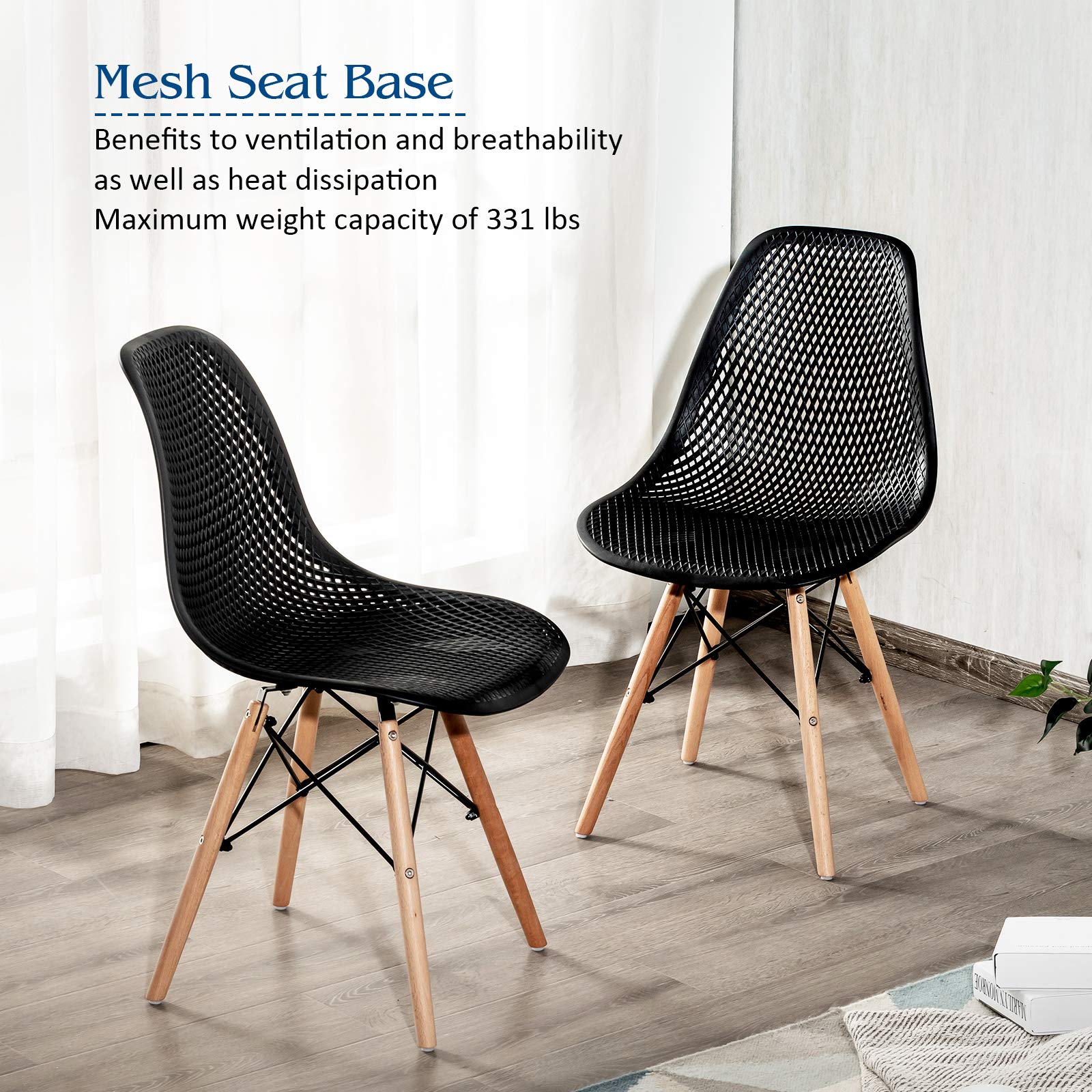 KOMFOTT Set of 4 Modern Dining Chairs, Outdoor Indoor Shell PP Lounge Side Chairs with Mesh Design, Beech Wood Legs