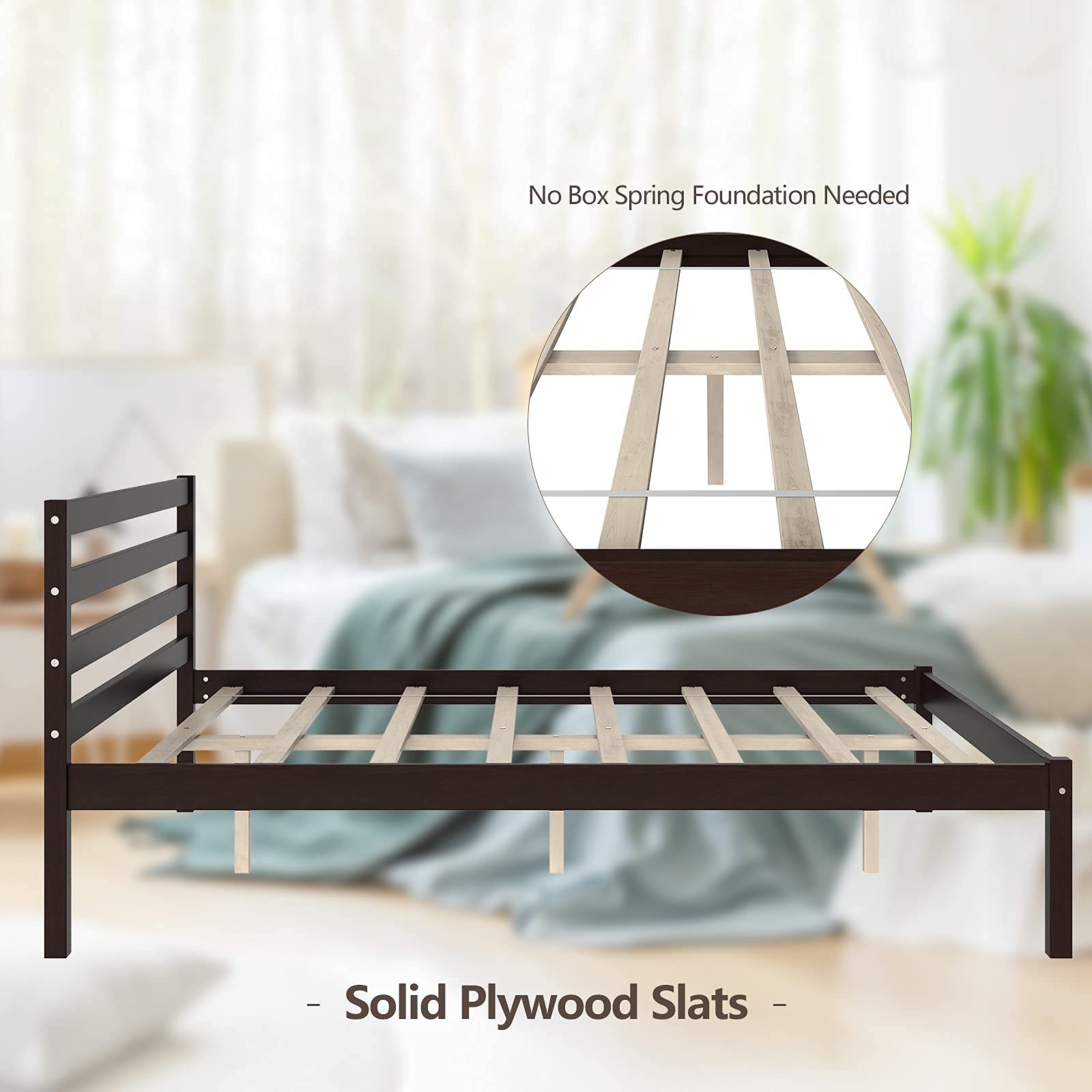 KOMFOTT Wood Platform Bed Frame, Paneled Headboard, Wood Slat Support