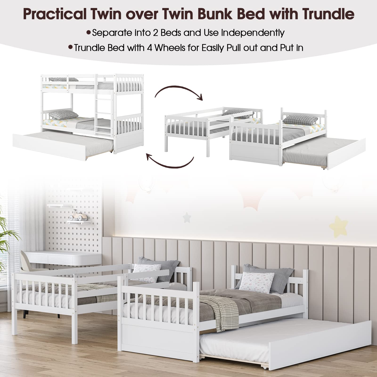 KOMFOTT Twin Over Twin Wood Bunk Bed with Trundle, Convertible Platform Bed Frame with Ladder & Solid Wood Frame