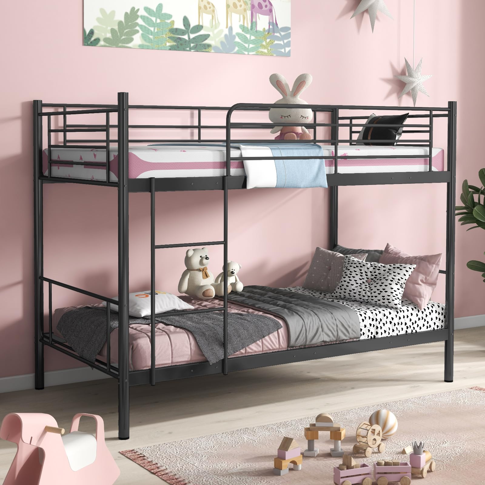 KOMFOTT Metal Twin Over Twin Bunk Bed with Ladder & Full-Length Guardrails