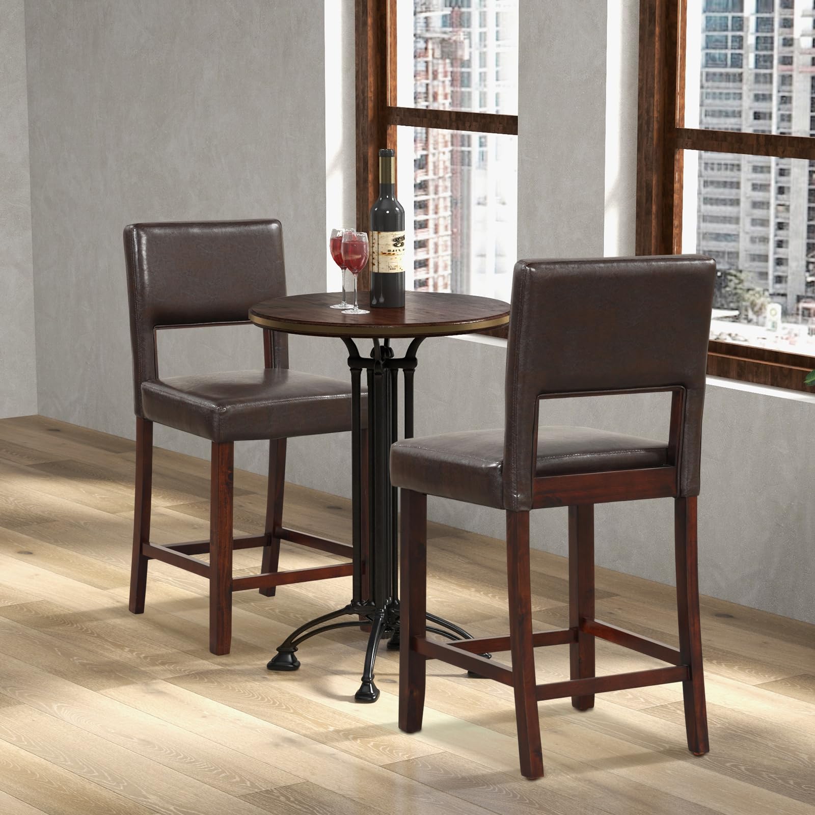 KOMFOTT 24.5" Counter Height Bar Stools Set of 2, Linen Barstools with Back, Rubber Wood Legs