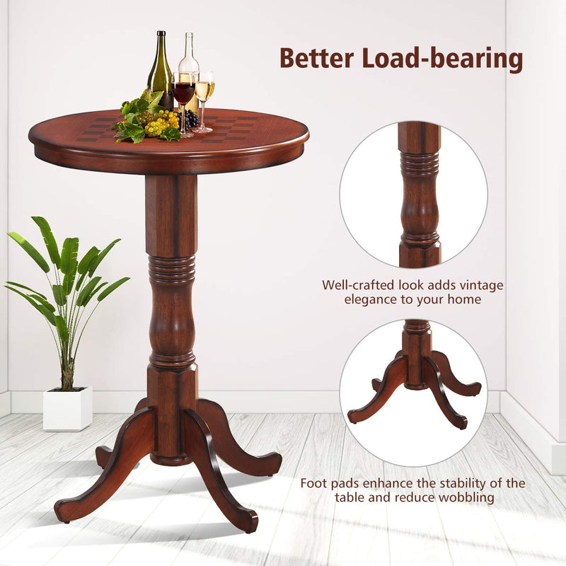 KOMFOTT Round Dining Table, Wooden Pub Pedestal Side Table W/Chessboard, Adjustable Foot Pads