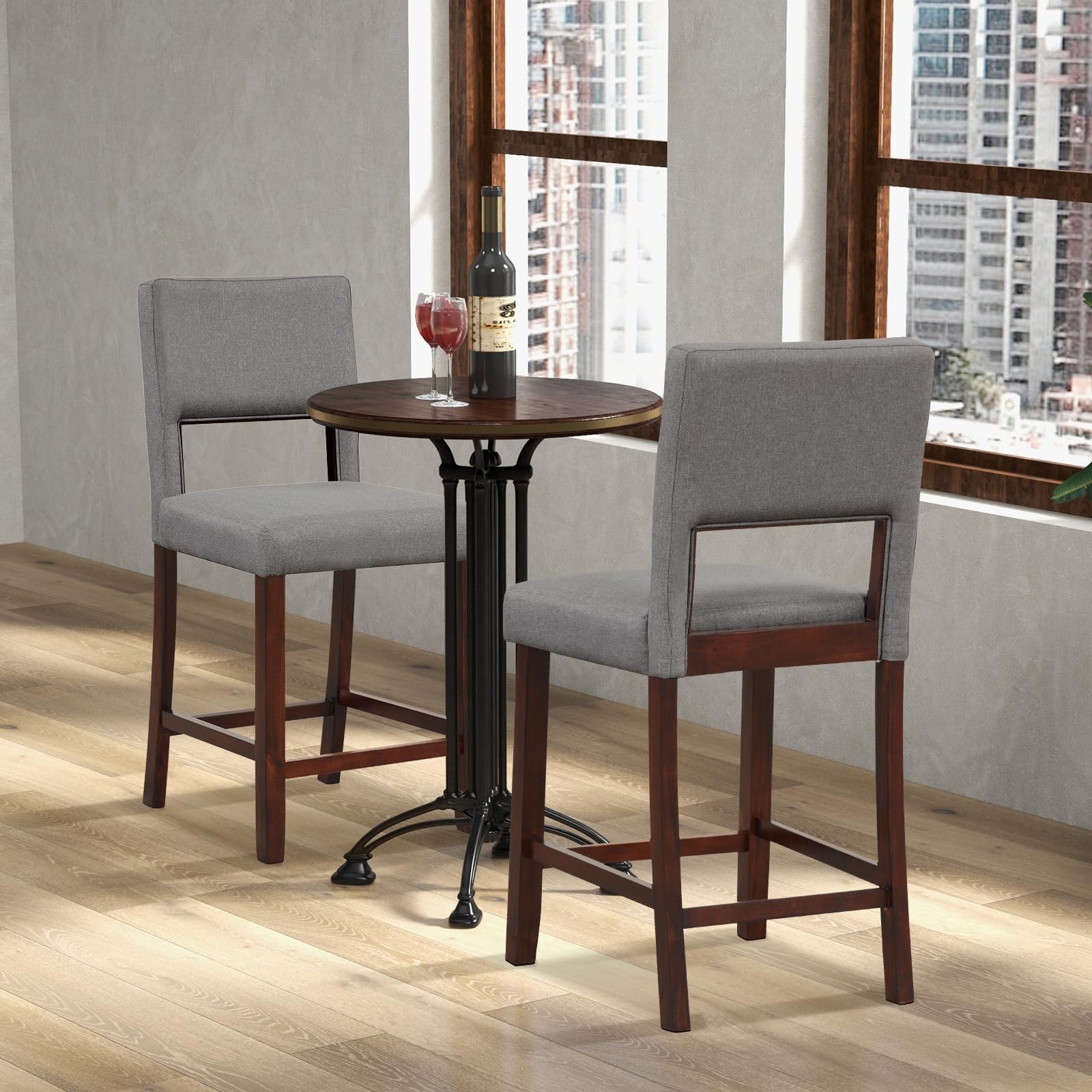 KOMFOTT 24.5" Counter Height Bar Stools Set of 2, Linen Barstools with Back, Rubber Wood Legs