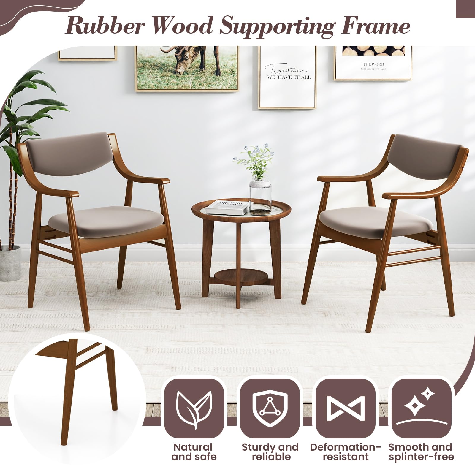 KOMFOTT Wooden Dining Chairs Set of 2/4, PU Leather Upholstered Kitchen Chairs w/Padded Seat & Back, Rubber Wood Frame