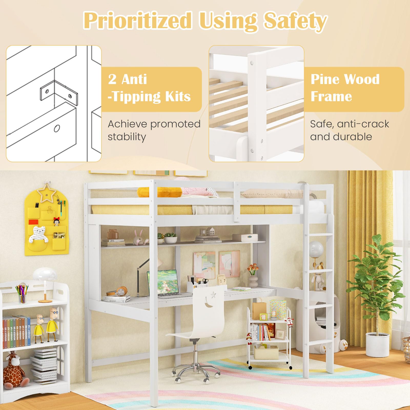 KOMFOTT Twin Loft Bed with Desk and Bookshelf, Solid Wood Loft Bed Frame with Full Length Safety Guardrail & Ladder