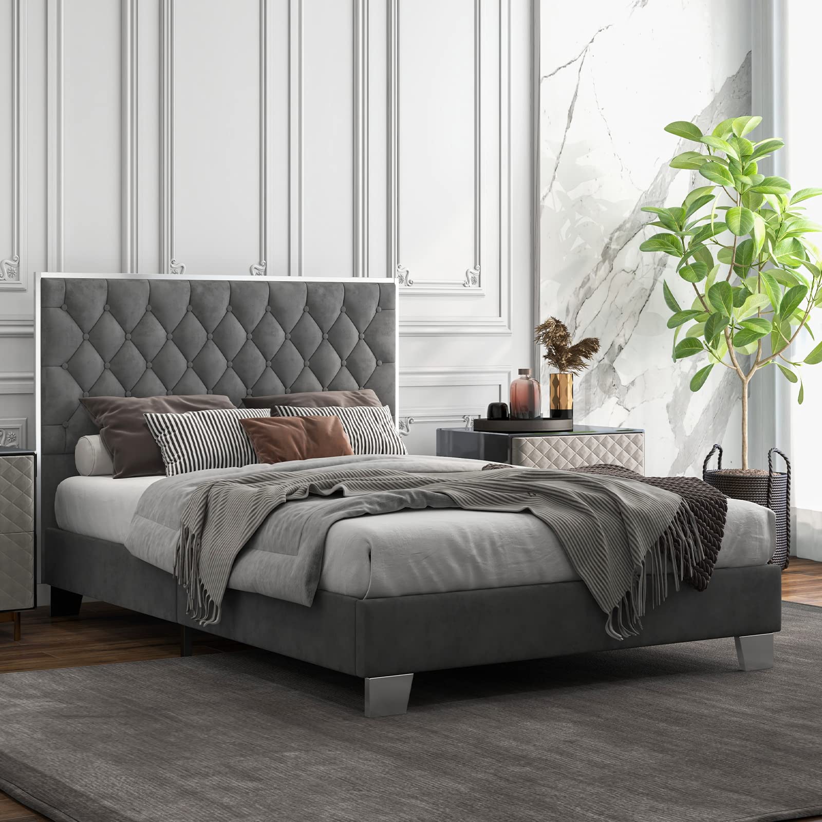 KOMFOTT Queen Full Size Upholstered Bed Frame, Platform Bed Frame with Button Tufted Headboard