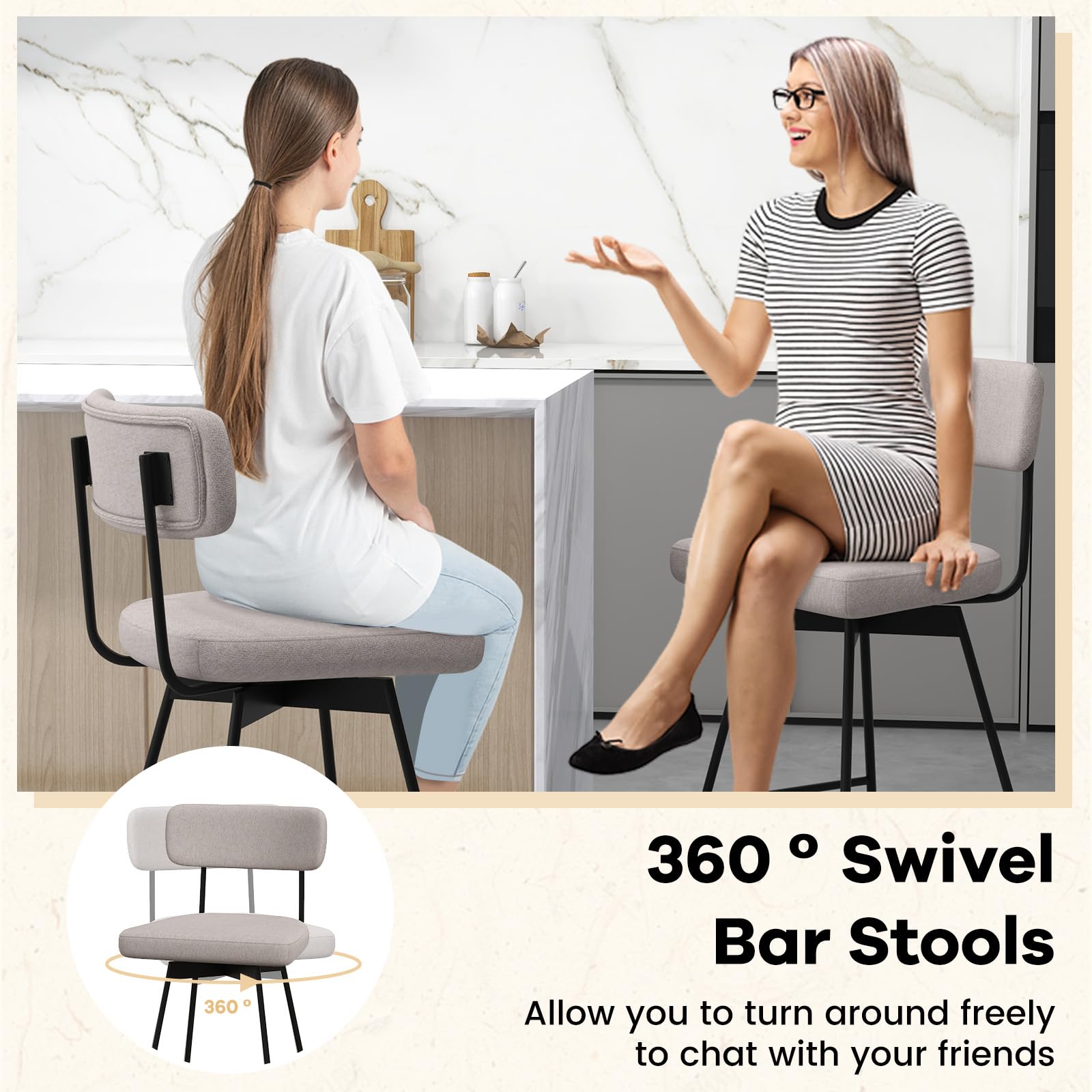 KOMFOTT Bar Stools Set of 2/4, 25” Upholstered Counter Height Bar Stools with Back