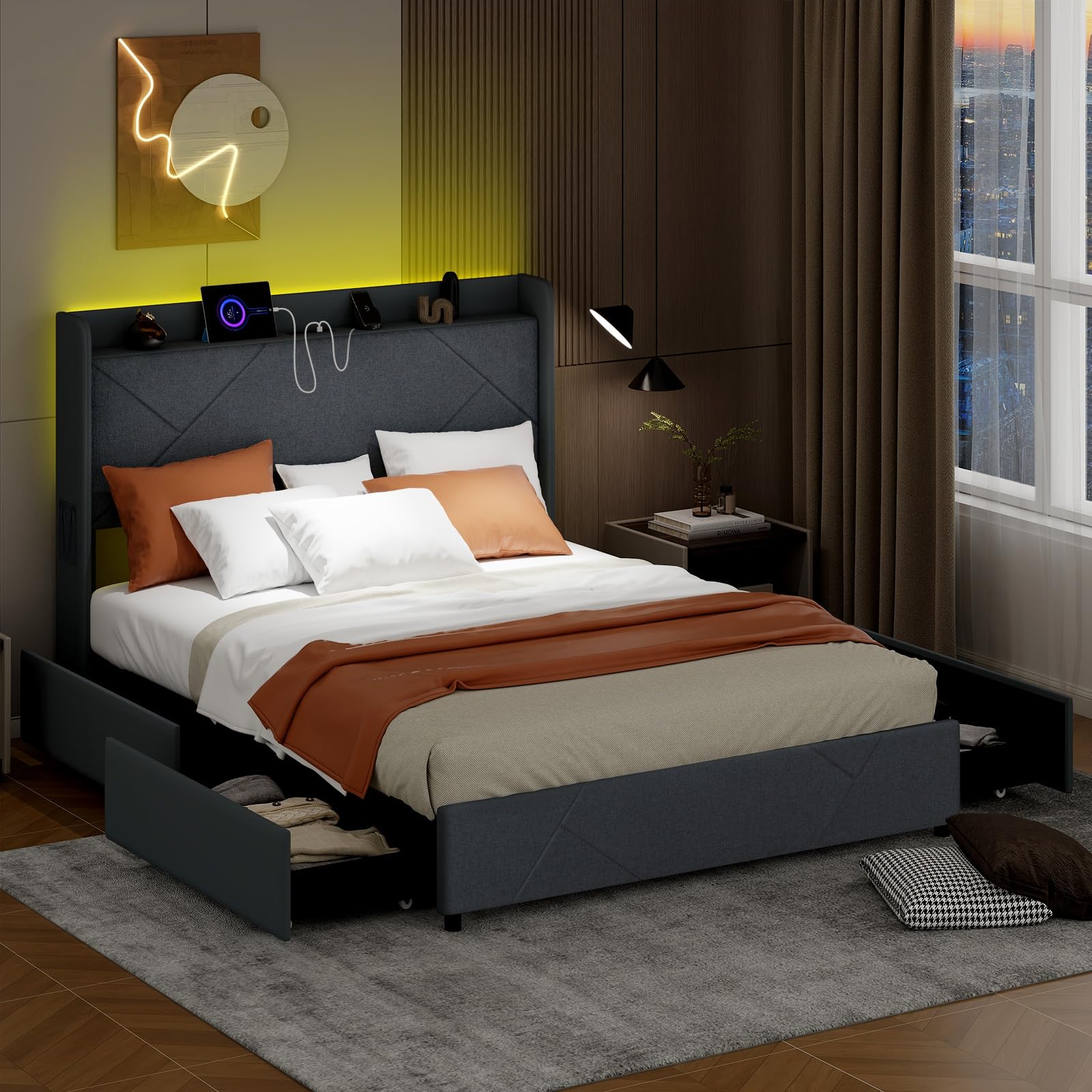 KOMFOTT Upholstered Bed Frame with 4 Storage Drawers & LED Lights, Wingback Headboard & Charging Station