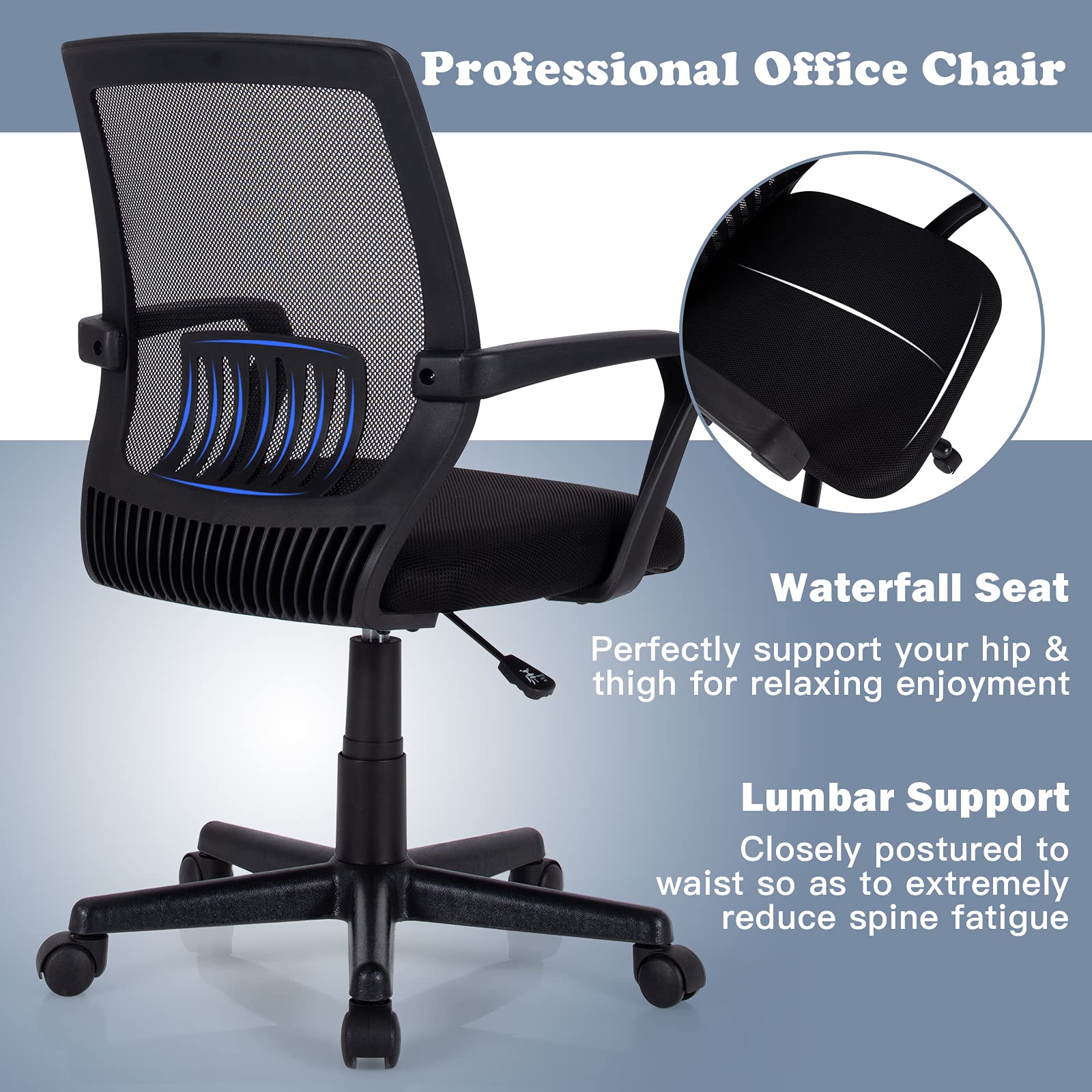 KOMFOTT Office Chair, Mesh Desk Chairs with Wheels, Lumbar Support, Waterfall Seat