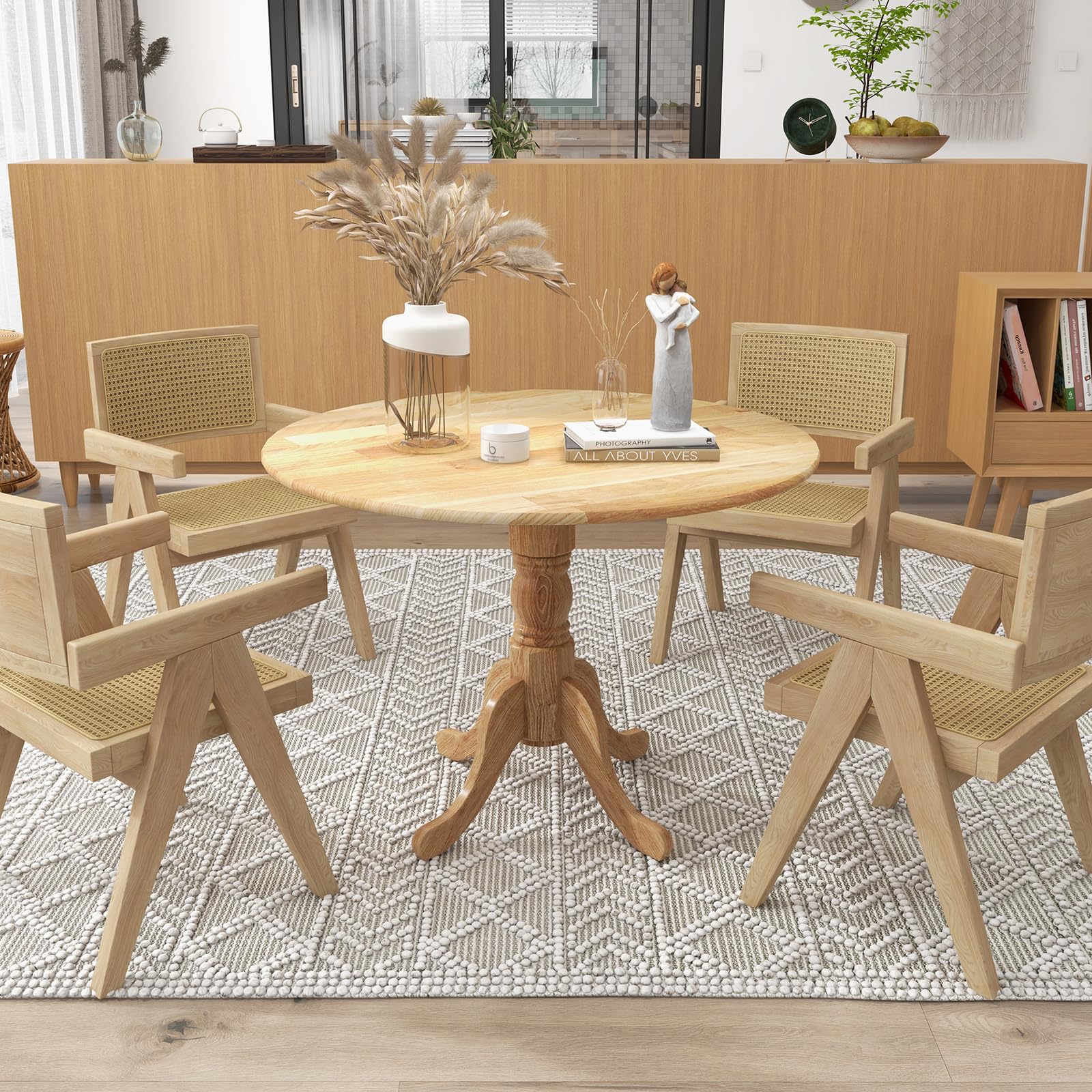 KOMFOTT Round Dining Table, 40" D X 29" H, Rubber Wood Pedestal Table W/Round Tabletop & Curved Trestle Legs