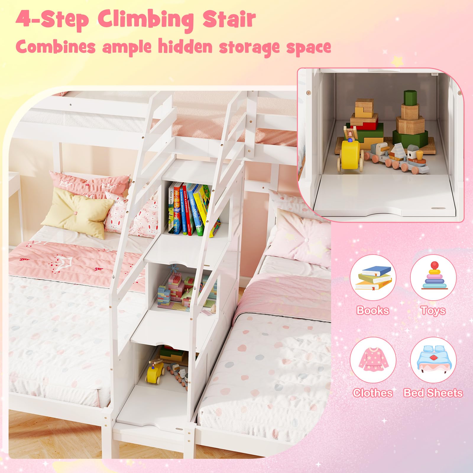 KOMFOTT Twin Over Twin & Twin Bunk Bed, Triple Bunk Beds with 4-Step Storage Stair, Guardrail & Solid Wood Structure