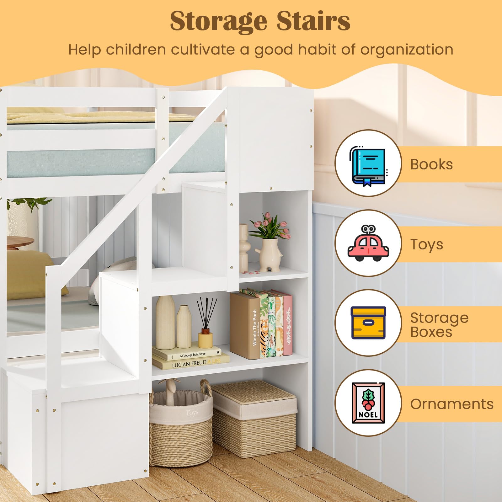 KOMFOTT Bunk Bed with Stairs, Solid Wood Floor Bunk Bed with Storage Staircase & Full-Length Guardrails