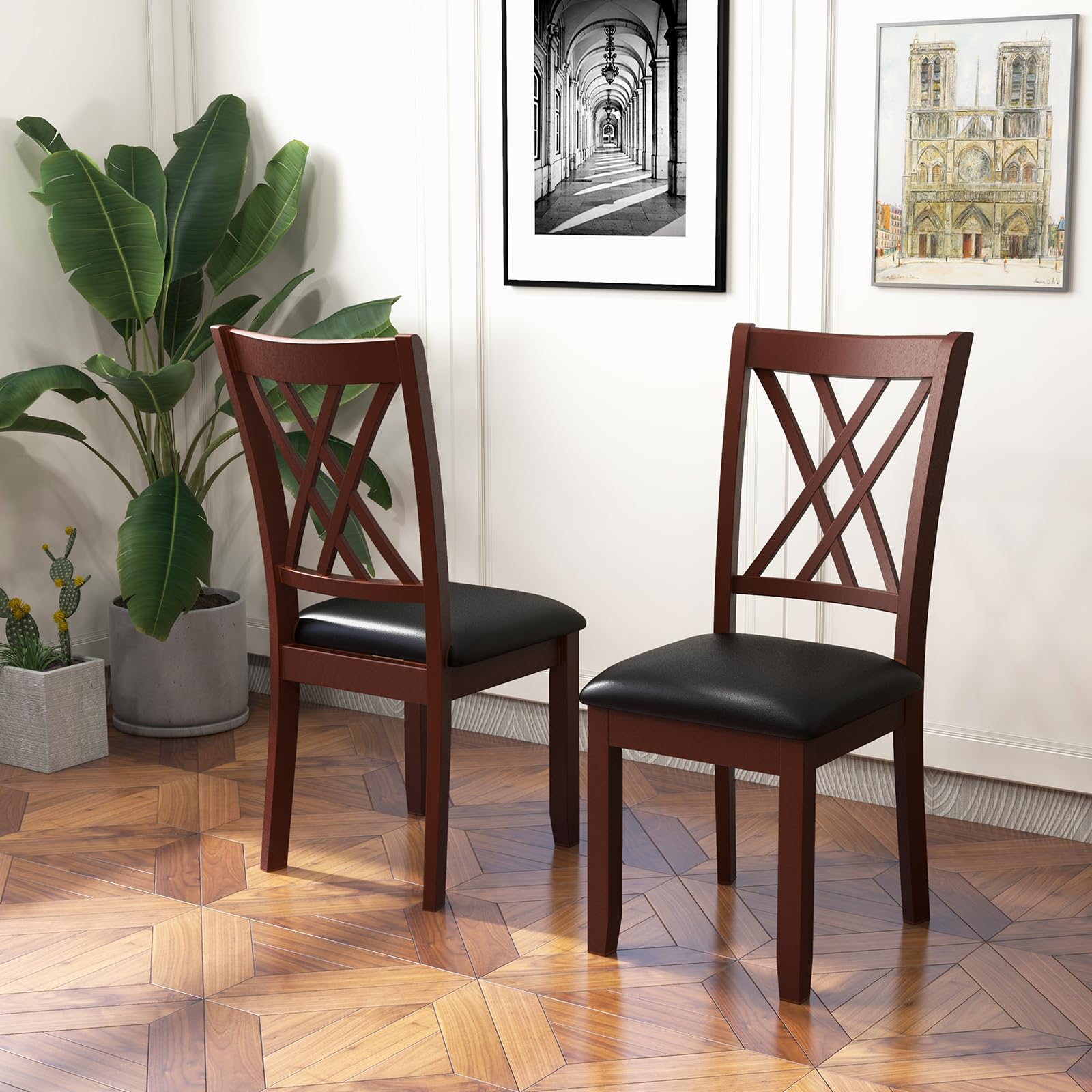 KOMFOTT Wood Dining Chairs Set of 2, Faux Leather Upholstered Kitchen Chairs with Rubber Wood Legs, Padded Seat