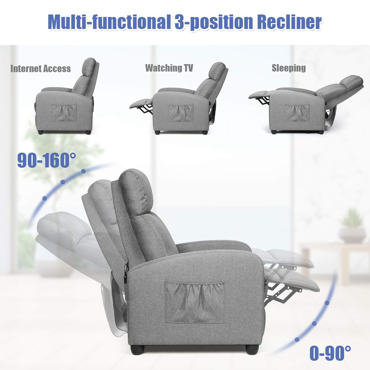 KOMFOTT Recliner Chair for Living Room, Recliner Sofa Wingback Chair w/Massage Function