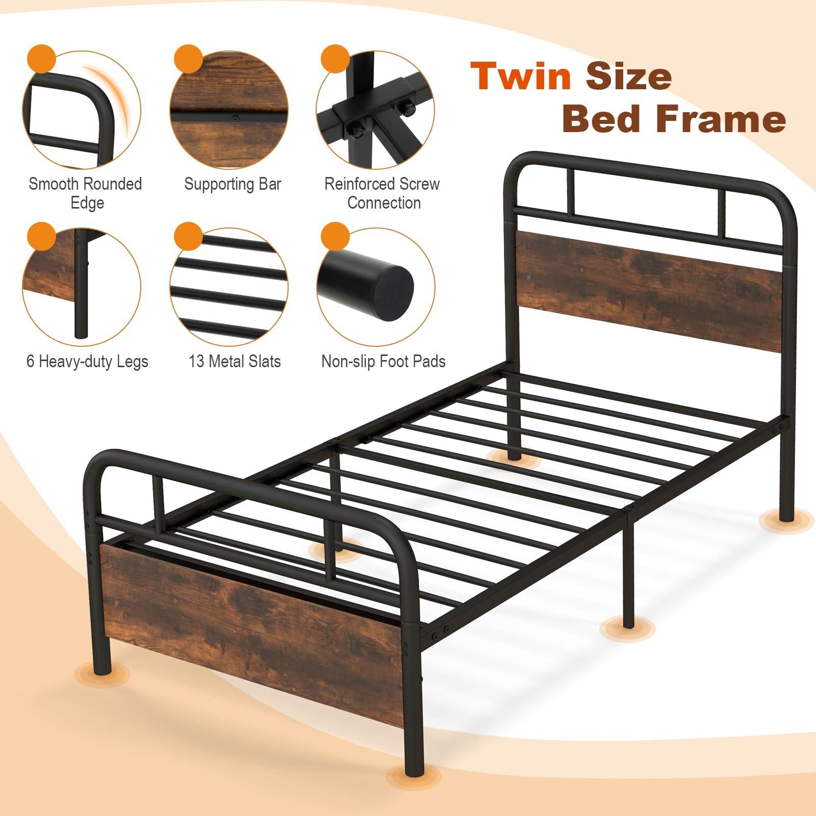 KOMFOTT Industrial Metal Bed Frame with Wood Headboard and Footboard, Rustic Brown