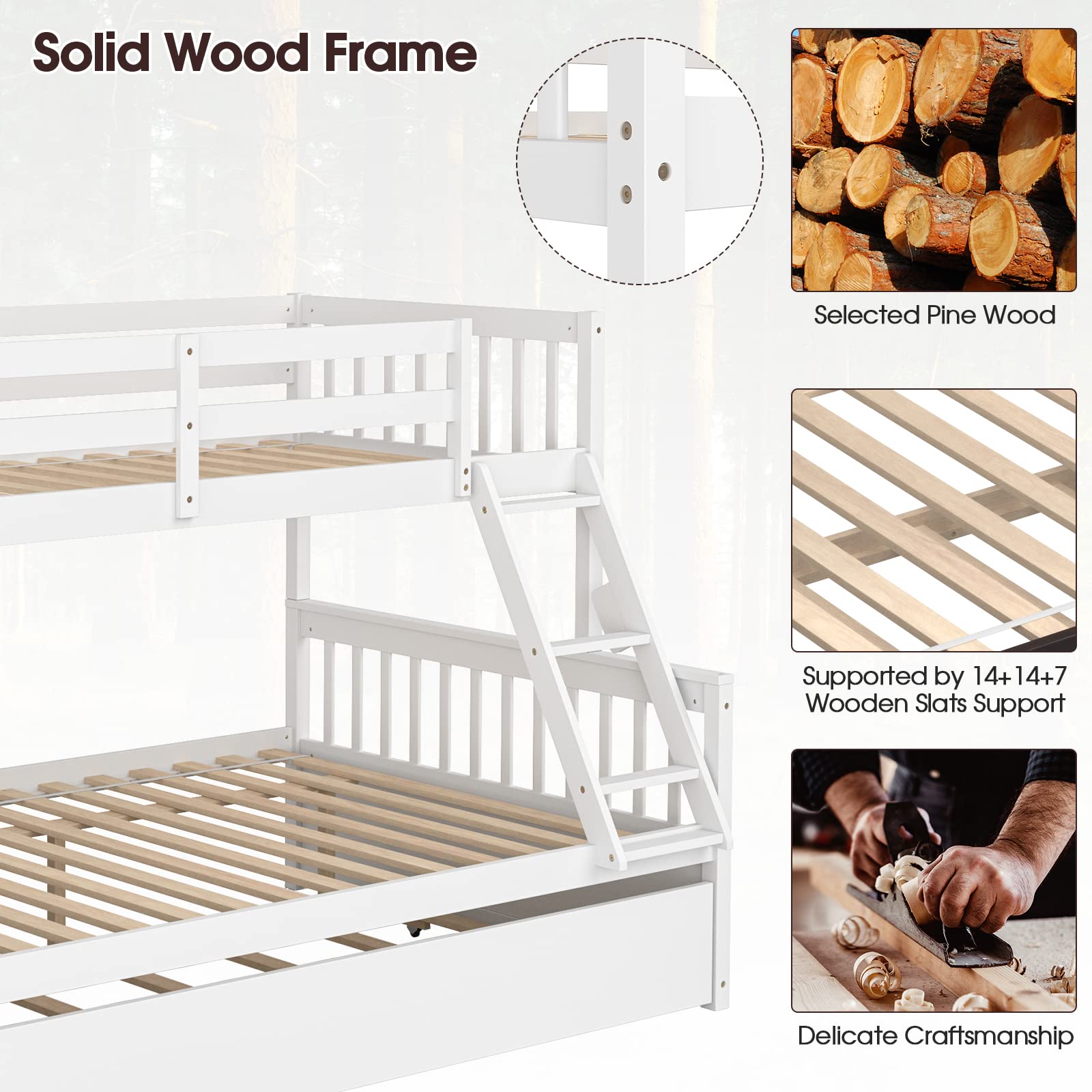 KOMFOTT Wood Twin Over Full Bunk Bed with Solid Pine Wood Frame