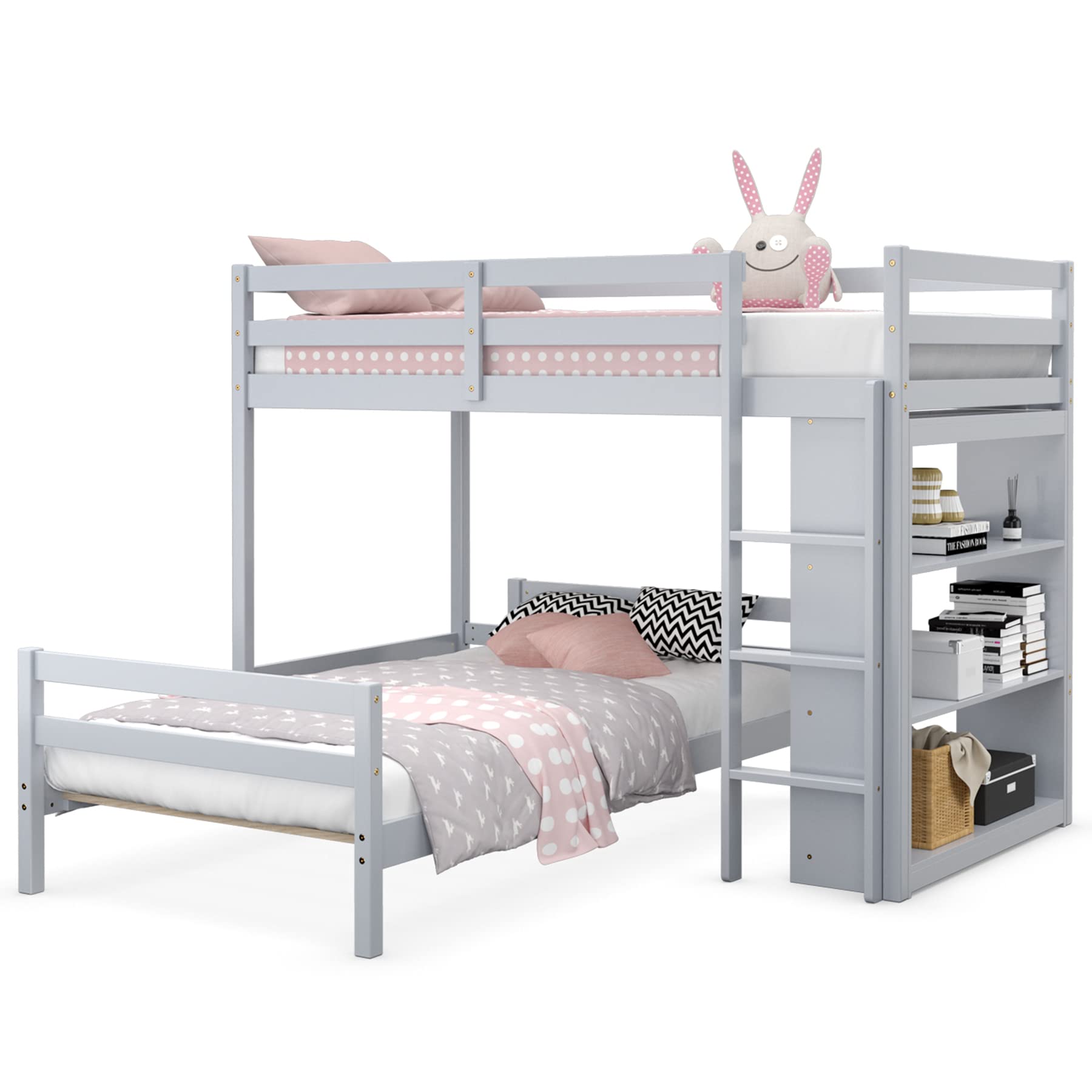 KOMFOTT Twin Over Twin Bunk Bed, Convertible Wooden Loft Bed with 3-Tier Bookcase, Can be Separated into 2 Beds