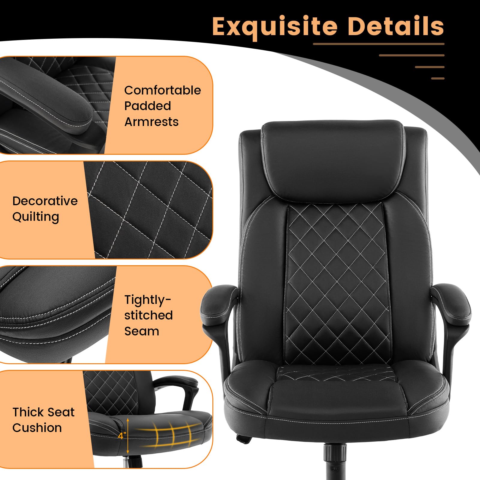 KOMFOTT Executive Office Chair, Leather Like Desk Chair with Thick Headrest Cushion & Padded Armrests