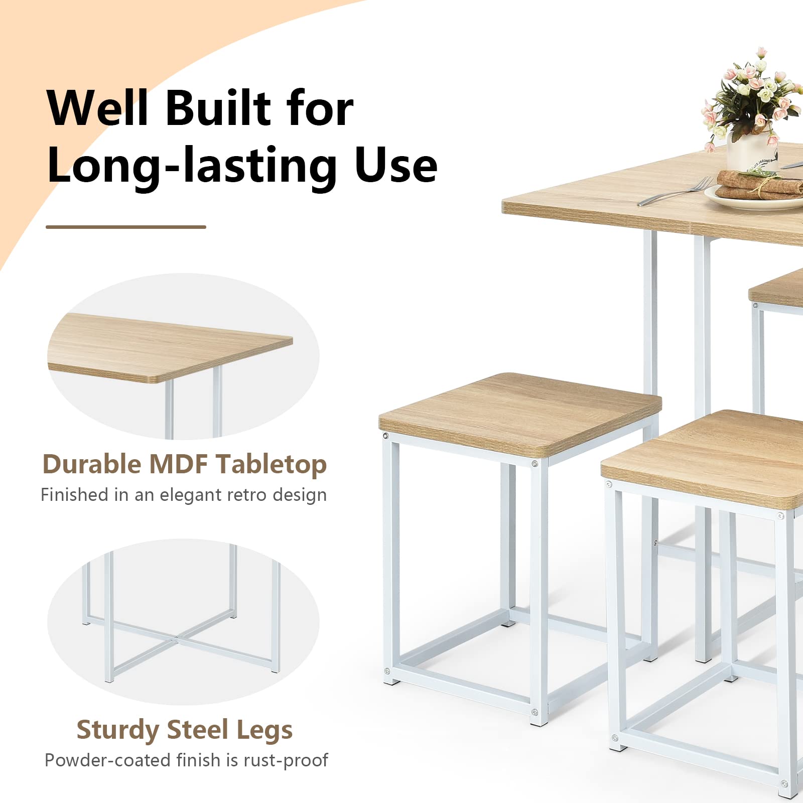 KOMFOTT 5 Piece Dining Table Set, Counter Kitchen Table and Chair Set for 4 Includes 1 Square Table and 4 Stools