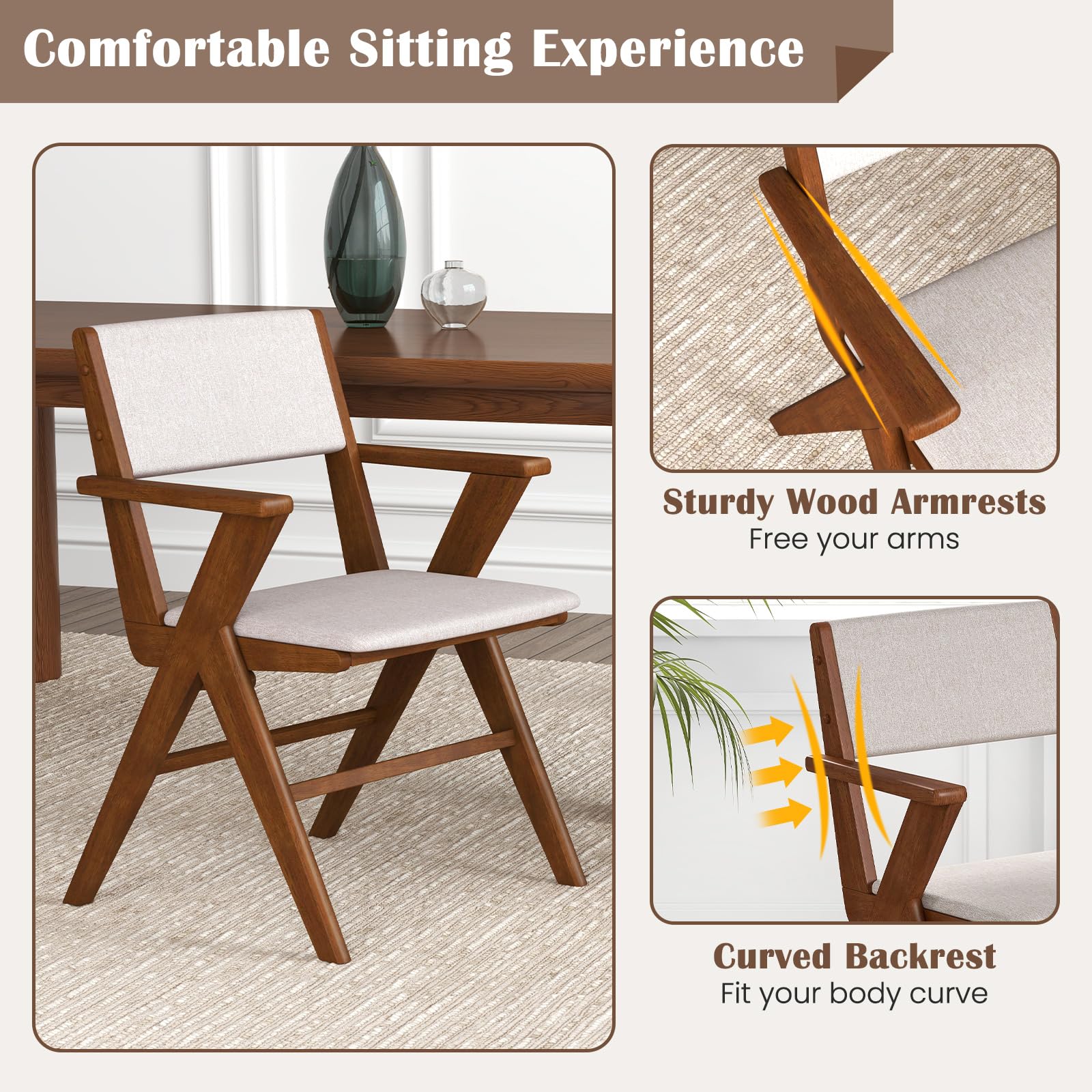 KOMFOTT Wooden Dining Chairs Set of 2/4 w/Armrests, Rubber Wood Frame, Padded Seat & Back