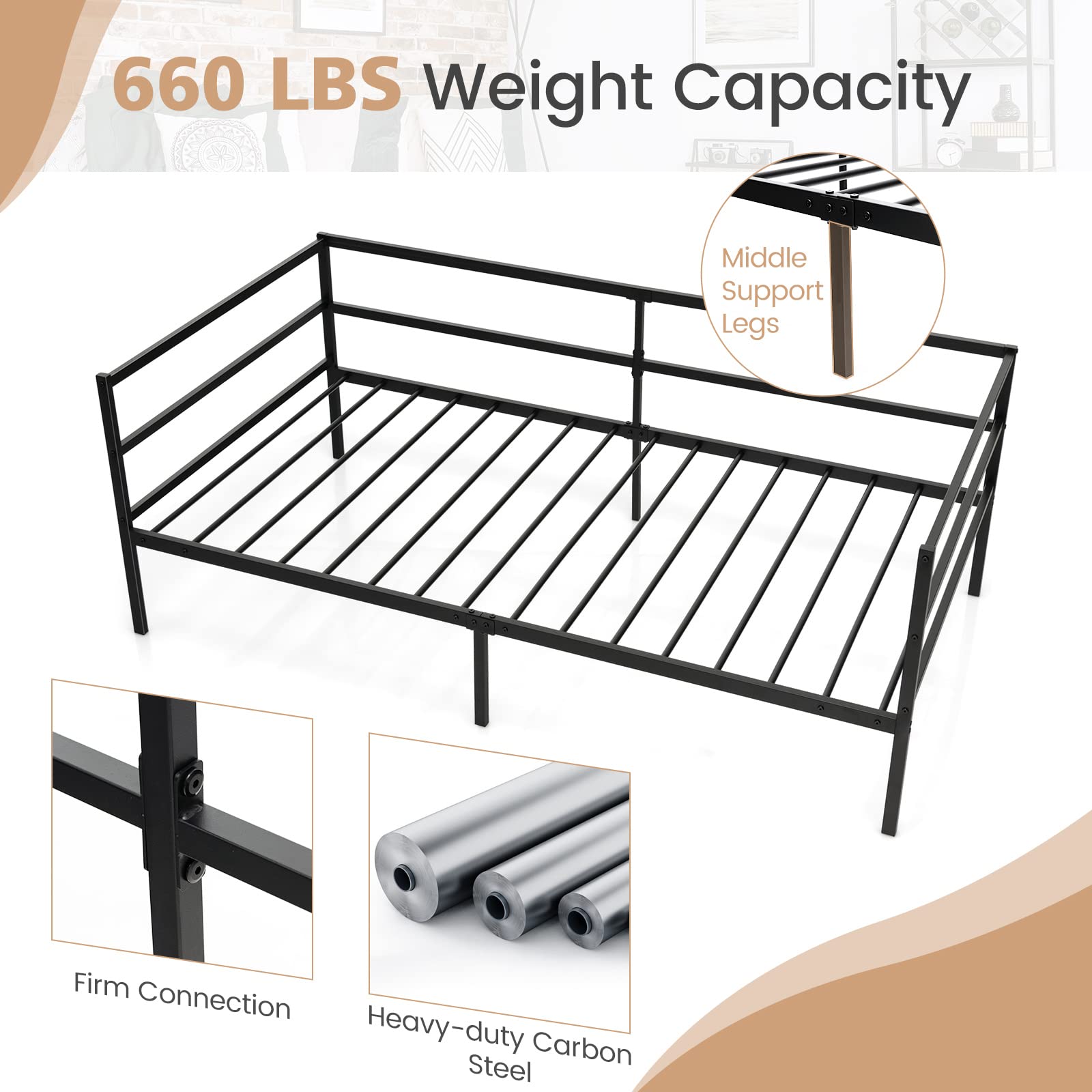 KOMFOTT Twin Size Metal Daybed with Metal Slat Support & 3-Sided Guardrails