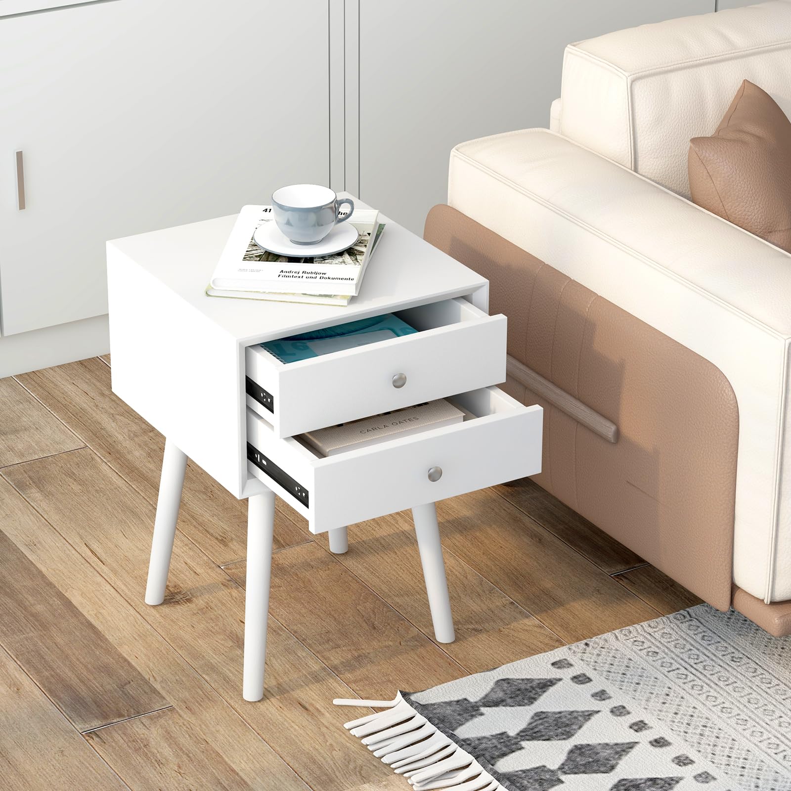 KOMFOTT 2-Drawer Nightstand, Mid-Century Modern Bed Side Table with Storage