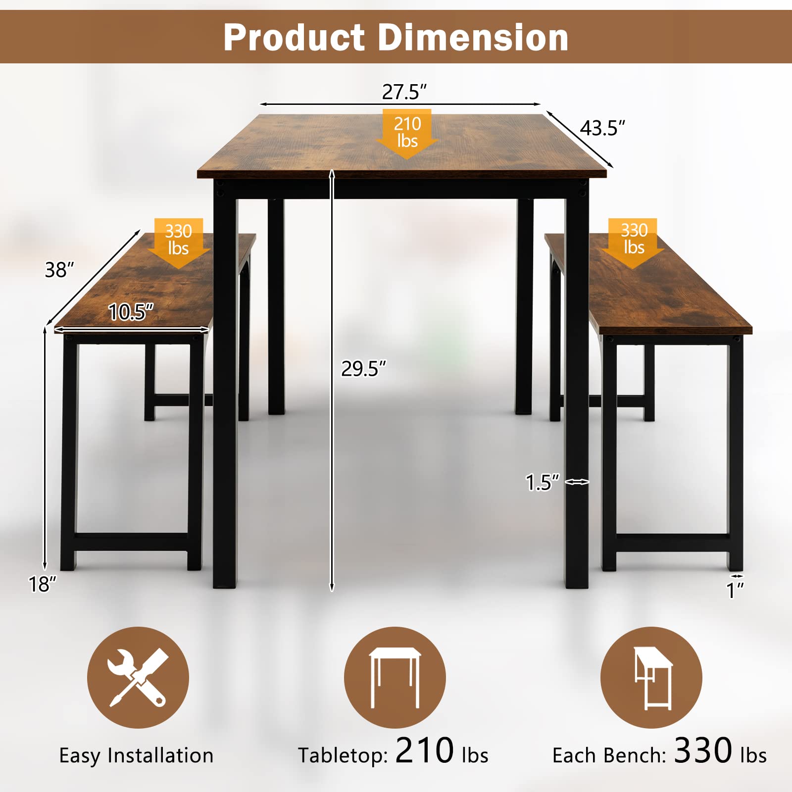 KOMFOTT Dining Table Set for 4, Rectangular Kitchen Table with 2 Benches