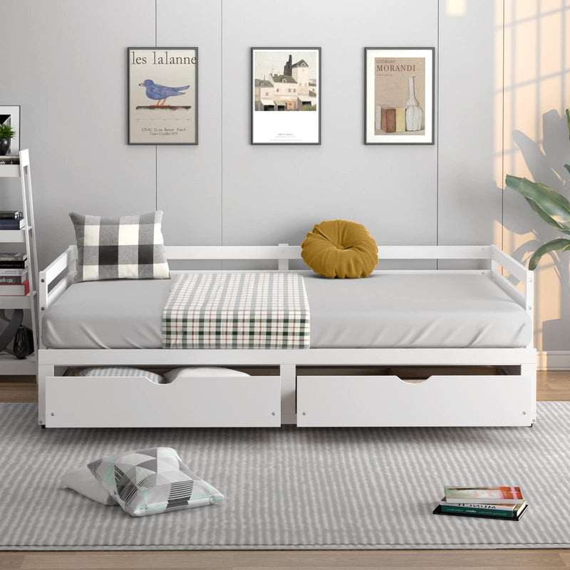 KOMFOTT Wood Daybed with Trundle, Extendable Twin to King Daybed Frame with 2 Storage Drawers