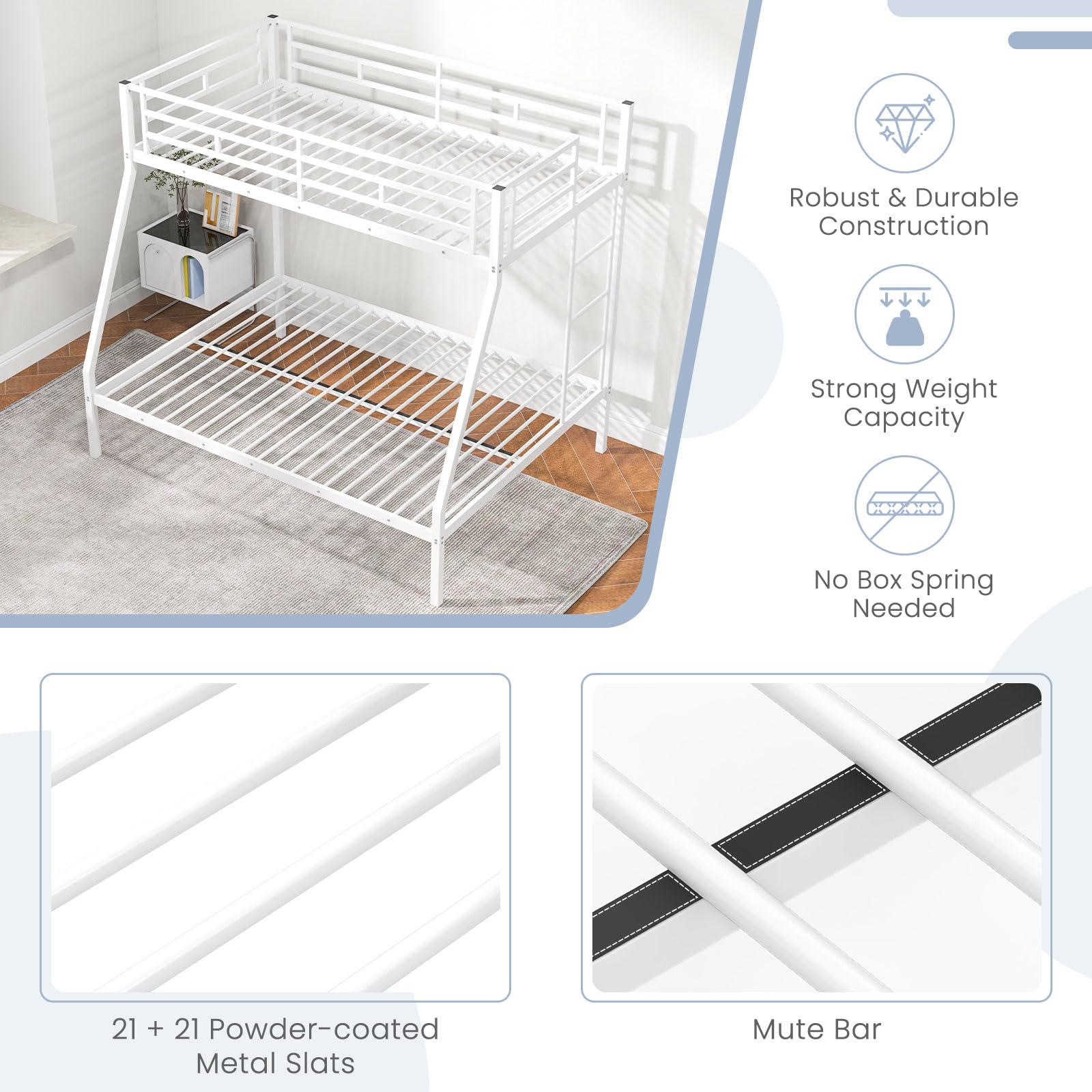 KOMFOTT Metal Twin Over Full Bunk Bed with Ladder and Steel Frame Support