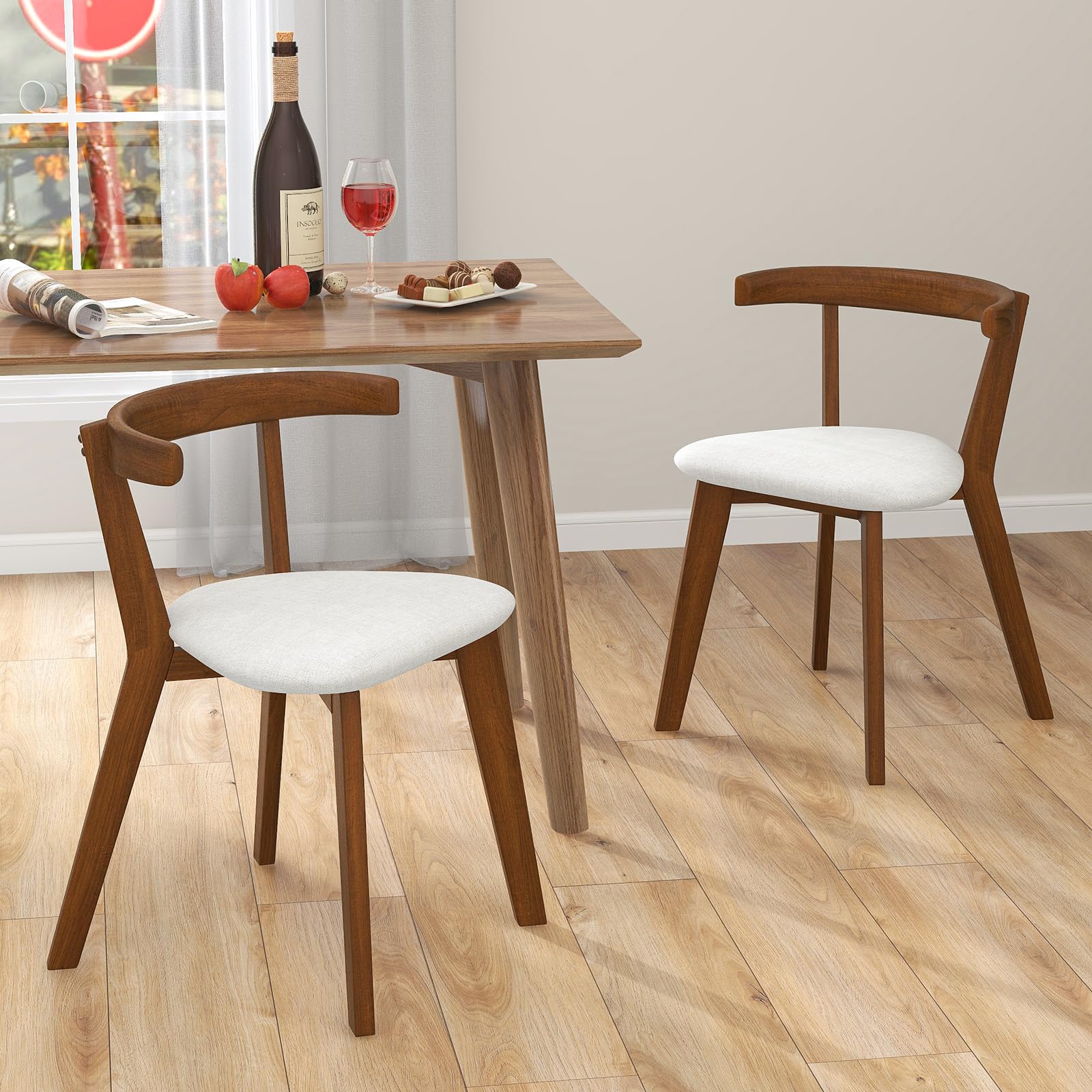 KOMFOTT Wooden Dining Chairs Set of 2, Farmhouse Hanging Kitchen Chairs w/Rubber Wood Frame, Padded Seat, Curve Back