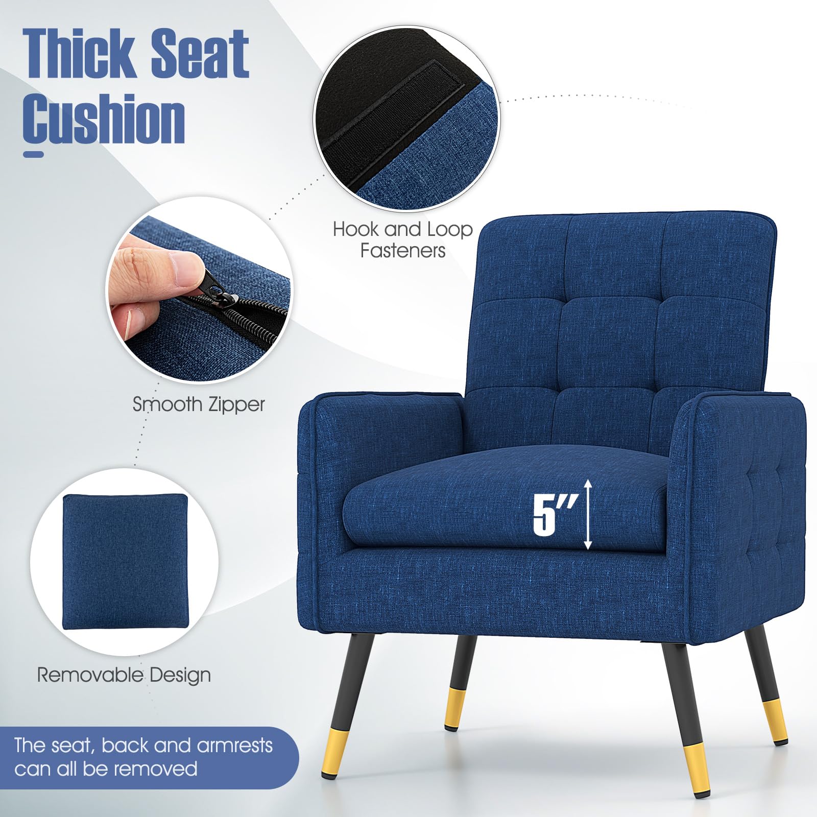 KOMFOTT Modern Accent Chair, Upholstered Armchair Single Sofa Chair with Metal Legs & Adjustable Foot Pads