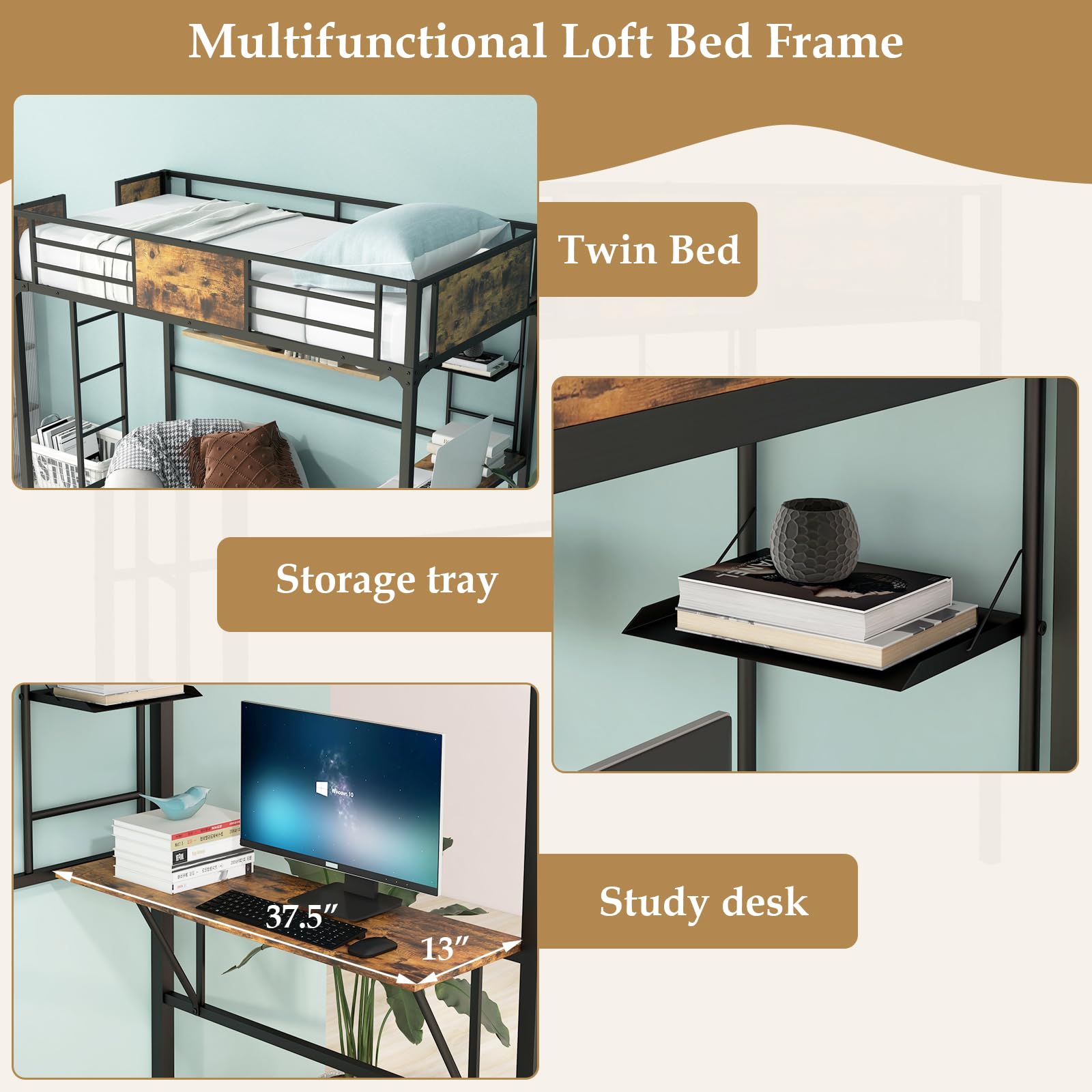 KOMFOTT Metal Twin Loft Bed with Desk and Storage Shelf