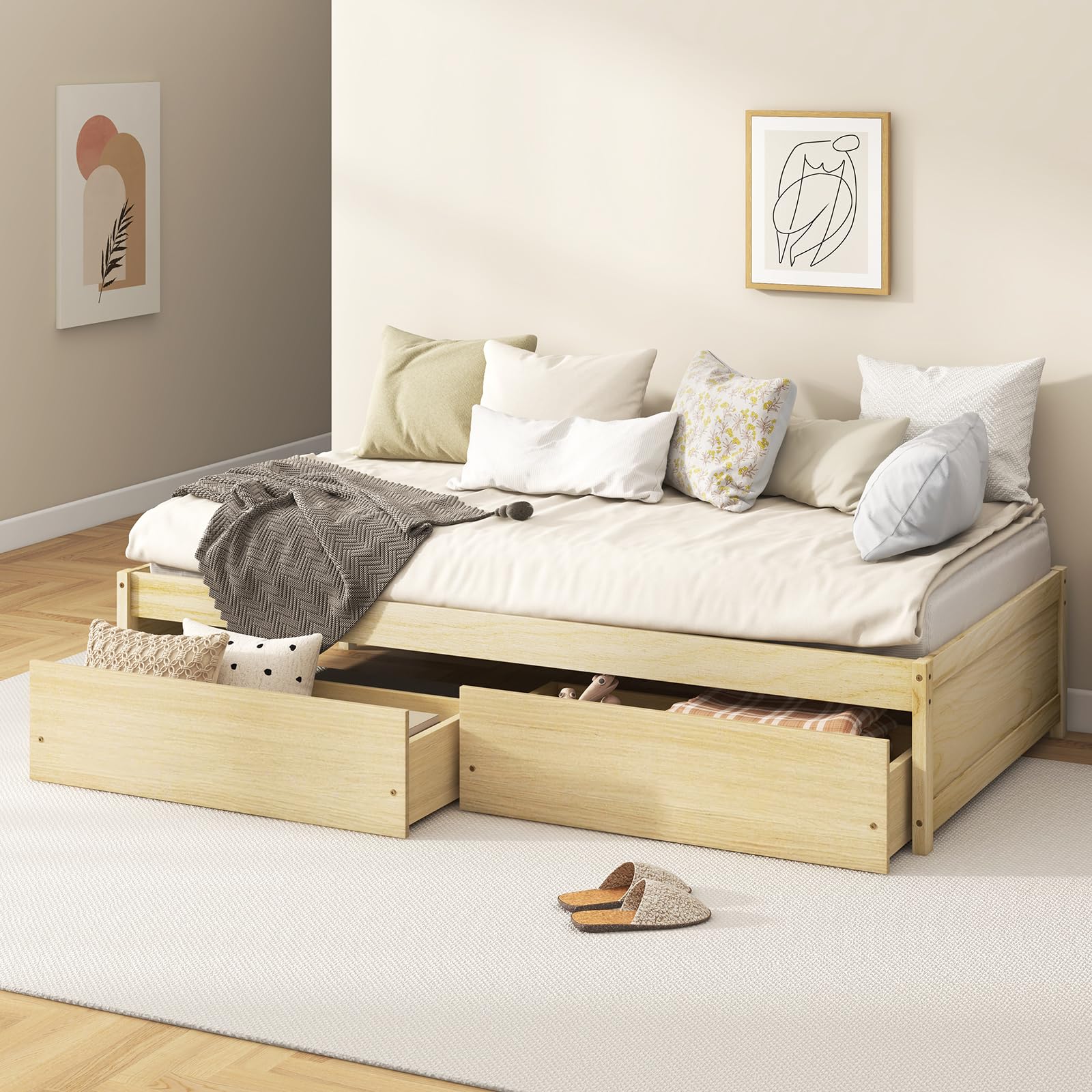 KOMFOTT Twin Bed Frame with 2 Storage Drawers, Solid Wood Platform Bed with Slats Support