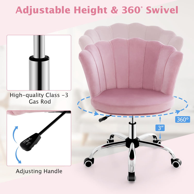 KOMFOTT Velvet Office Desk Chair Pink, Modern Vanity Chair with Seashell Back