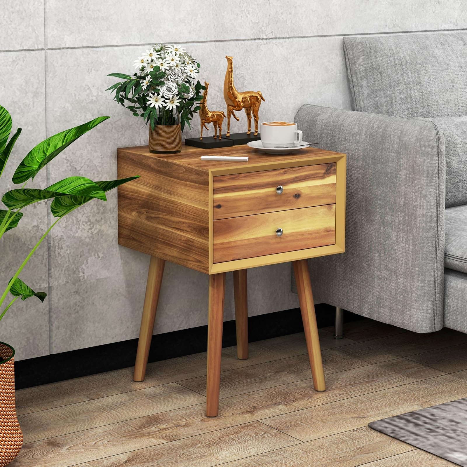 KOMFOTT 2-Drawer Nightstand, Mid-Century Modern Bed Side Table with Storage