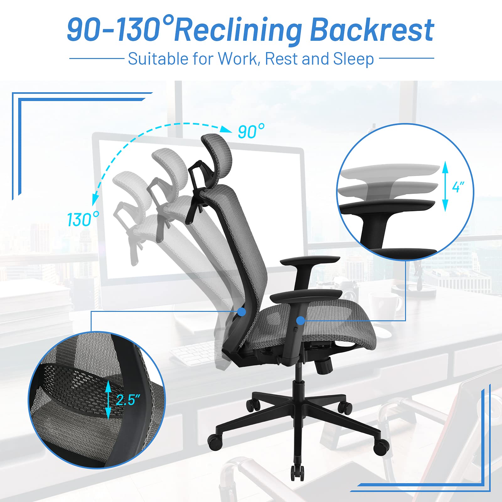 KOMFOTT Ergonomic Office Chair, Mesh Desk Chair Back Support with Adjustable Headrest