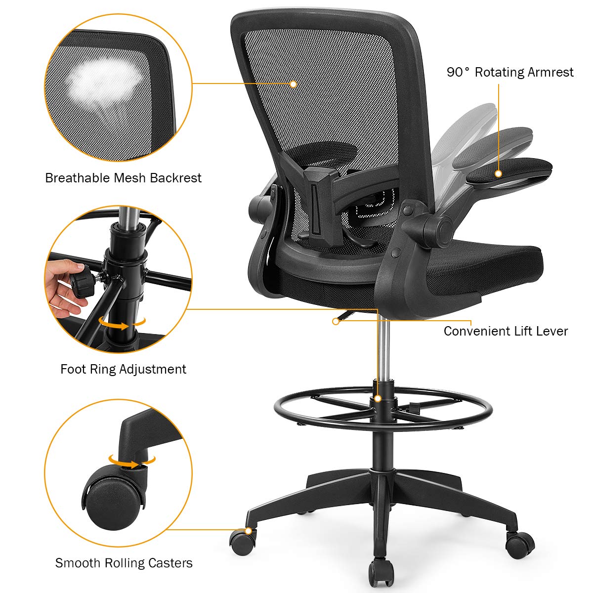 KOMFOTT Drafting Chair, High Back Office Chair with Footrest & Ring Flip-Up Armrest