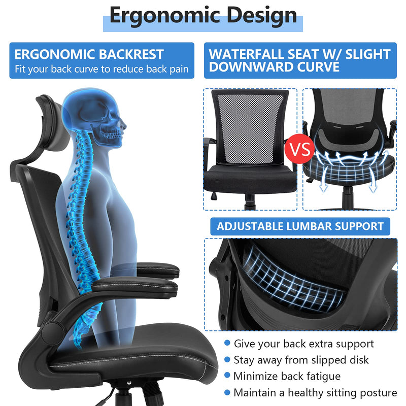KOMFOTT High Back Office Chair w/Flip up Armrest, Mesh Executive Chair w/PU Leather Seat, Adjustable Lumbar Support & Headrest